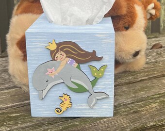 MERMAID & DOLPHIN Tissue Box Cover/Hand Painted Wood/Girl Nursery/Girl Bathroom/Girl Bedroom