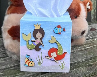 MERMAIDS Tissue Box Cover/Hand Painted Wood/Girl Nursery/Girl Bathroom/Girl Bedroom/Under the Sea/Ocean Sea Fish