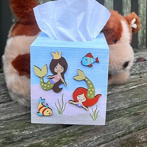 MERMAIDS Tissue Box Cover/Hand Painted Wood/Girl Nursery/Girl Bathroom/Girl Bedroom/Under the Sea/Ocean Sea Fish image 1