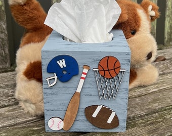 SPORTS EQUIPMENT Tissue Box Cover/Hand Painted Wood/Personalized Helmet/Boy Bedroom/Boy Nursery/Kids Bathroom/Football/Baseball/Basketball