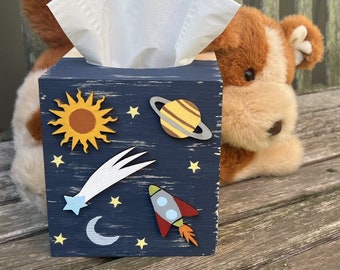 Hand Painted Solar System Wood Tissue Box: Kids Outer Space Decor