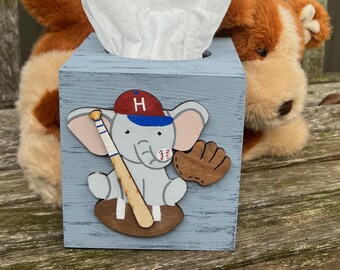 ELEPHANT & SPORT EQUIPMENT Tissue Box Cover/Hand Painted Wood/Baseball/Football/Personalized Baseball Cap