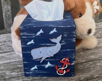 WHALE Kids Tissue Box Cover/Hand Painted Wood/Kids Bathroom/Kids Bedroom/Kids Nursery/Nautical/Ocean/Navy Blue