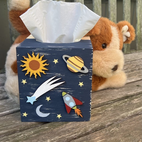 SOLAR SYSTEM Kids Tissue Box Cover/Outer Space/Kids Bathroom/Kids Bedroom Decor/Hand Painted Wood