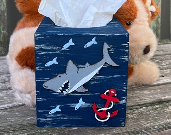 SHARK Kids Tissue Box Cover/Hand Painted Wood/Kids Bathroom/Kids Bedroom/Kids Nursery/Navy Blue/Nautical/Ocean