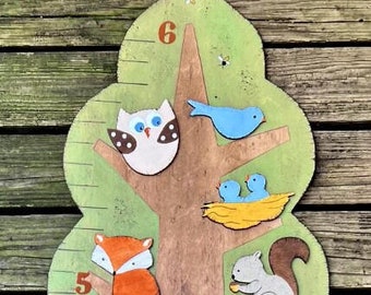 WOODLAND TREE ANIMALS Wood Growth Chart - Custom Design - Original Hand Painted Hand Crafted Keepsake Boy/Girl/twins