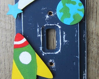 ROCKET OUTER SPACE Switch Plate Cover/Solar System/Shooting Star/Planet Earth/Mars/Saturn - Original Hand Painted