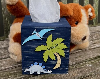 Hand Painted DINOSAURS Wood Tissue Box Cover Kids Room Decor