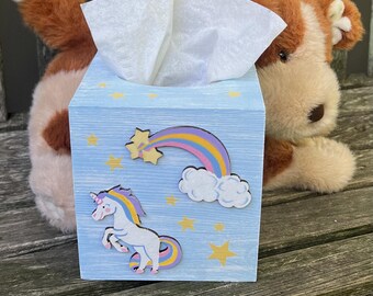 Hand Painted Unicorn Rainbow Wood Tissue Box Cover - Nursery Decor