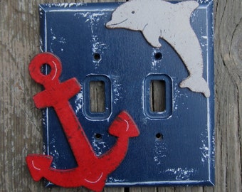 DOLPHIN & ANCHOR Kids Nautical Light Switch Plate Cover/Hand Painted Wood/Navy Blue