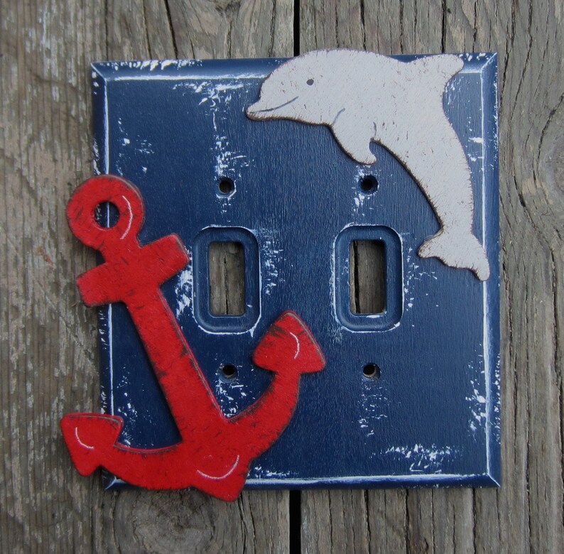 DOLPHIN & ANCHOR Kids Nautical Light Switch Plate Cover/Hand Painted Wood/Navy Blue image 1