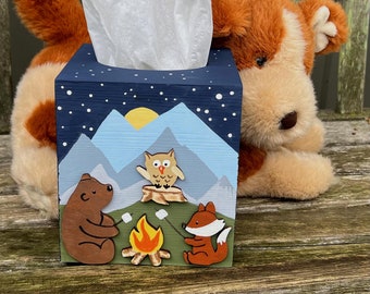 Hand Painted Wood Tissue Box Cover Woodland Forest Animals Camping