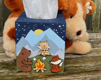 FOREST ANIMALS CAMPING Tissue Box Cover/Hand Painted Wood/Bear/Fox/Owl/Kids Bathroom/Kids Bedroom/Nursery Decor