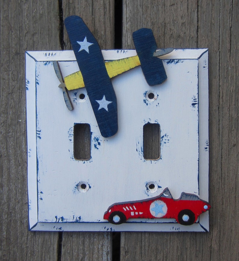 RACE CAR & AIRPLANE Kids Switch Plate Cover Original Hand Painted Wood Any Size Option image 4