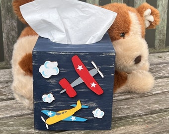 AIRPLANES Kids Tissue Box Cover/Hand Painted Wood/Boy Nursery/Boy Bedroom/Boy Bathroom Decor