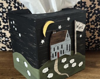 Hand Painted Primitive Sheep Farm Wood Tissue Box Cover Folk Art Decor