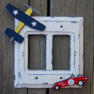 RACE CAR & AIRPLANE Kids Switch Plate Cover Original Hand Painted Wood Any Size Option image 3