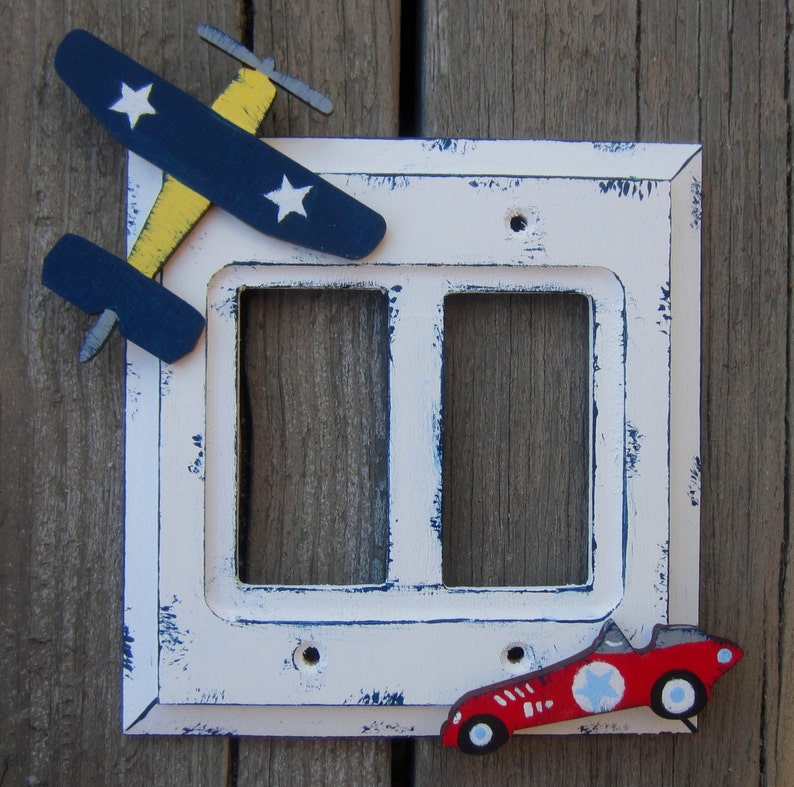 RACE CAR & AIRPLANE Kids Switch Plate Cover Original Hand Painted Wood Any Size Option image 3