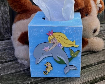 MERMAID & DOLPHIN Tissue Box Cover/Hand Painted Wood/Girl Nursery/Girl Bathroom/Girl Bedroom