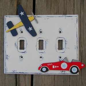 RACE CAR & AIRPLANE Kids Switch Plate Cover Original Hand Painted Wood Any Size Option image 1