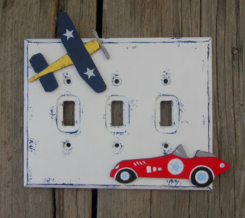 RACE CAR & AIRPLANE Kids Switch Plate Cover Original Hand Painted Wood Any Size Option image 1