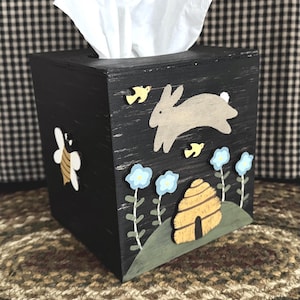 Hand Painted Spring Bunny Wood Tissue Box Cover: Primitive Folk Art