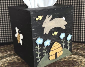 Hand Painted Spring Bunny Wood Tissue Box Cover: Primitive Folk Art