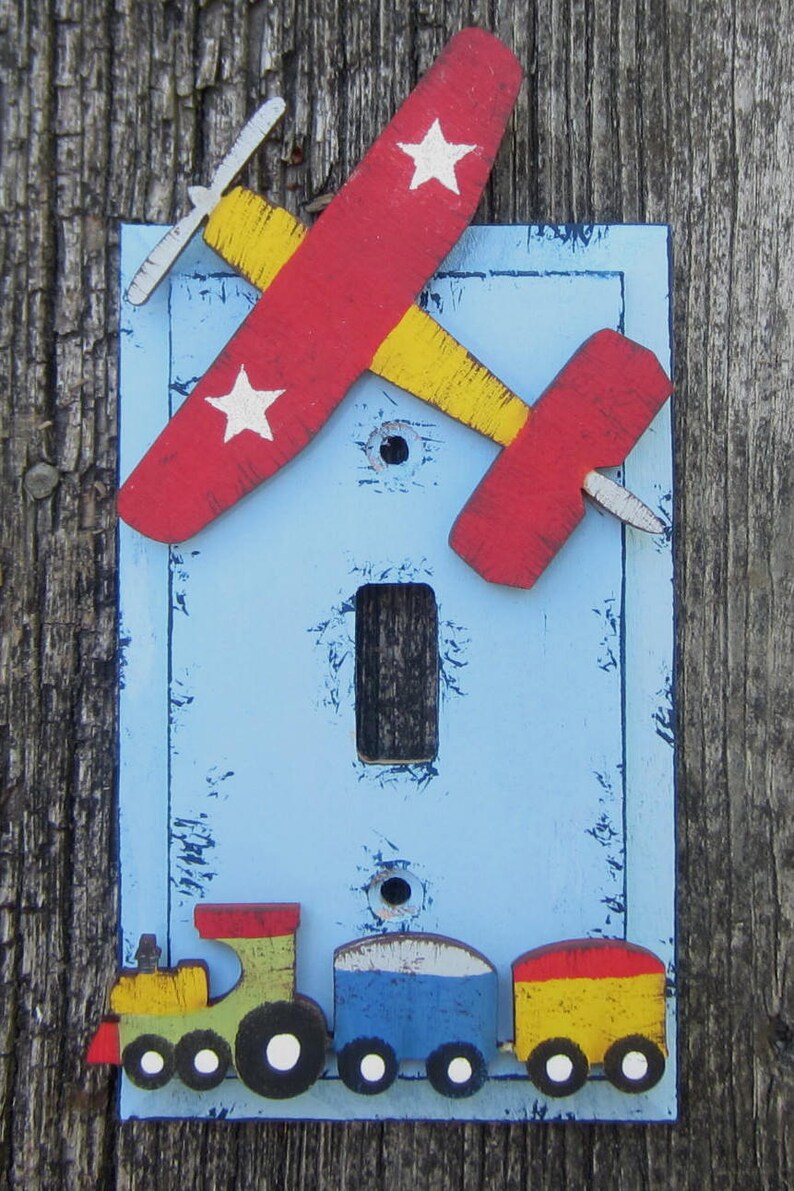 AIRPLANE & TRUCK/TRAIN Kids Switch Plate Cover Original Hand Painted Wood image 2