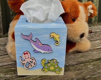 Hand Painted Under The Sea Wooden Tissue Box Cover Sea Animals