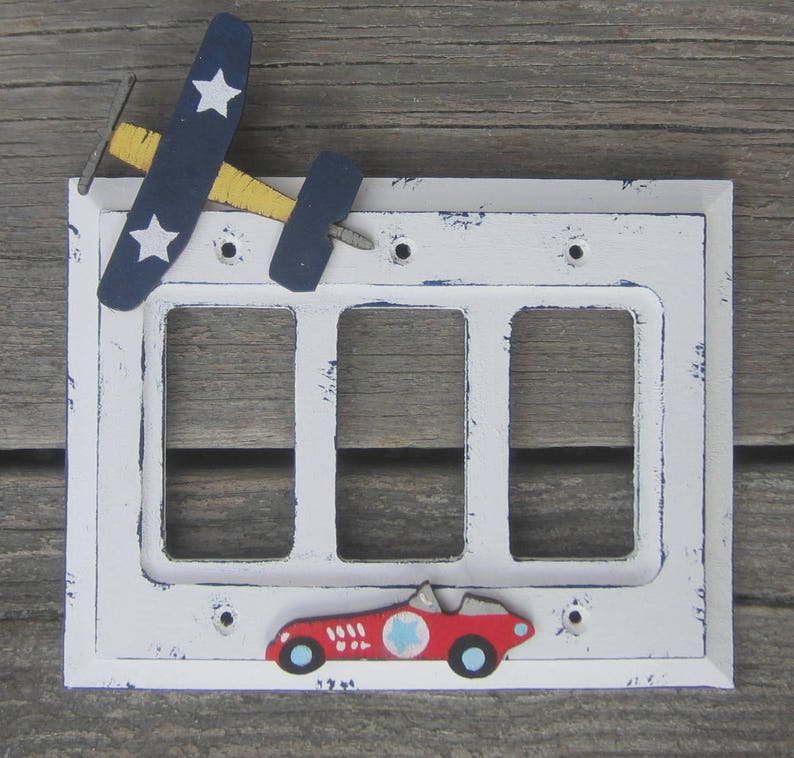 RACE CAR & AIRPLANE Kids Switch Plate Cover Original Hand Painted Wood Any Size Option image 5