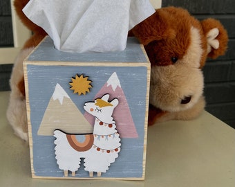 Hand Painted Boho Llama Alpaca Wood Tissue Box Cover Three Sided Option