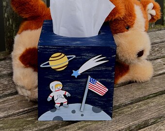 Hand Painted Astronaut On The Moon Wood Tissue Box: Outer Space Nursery Decor