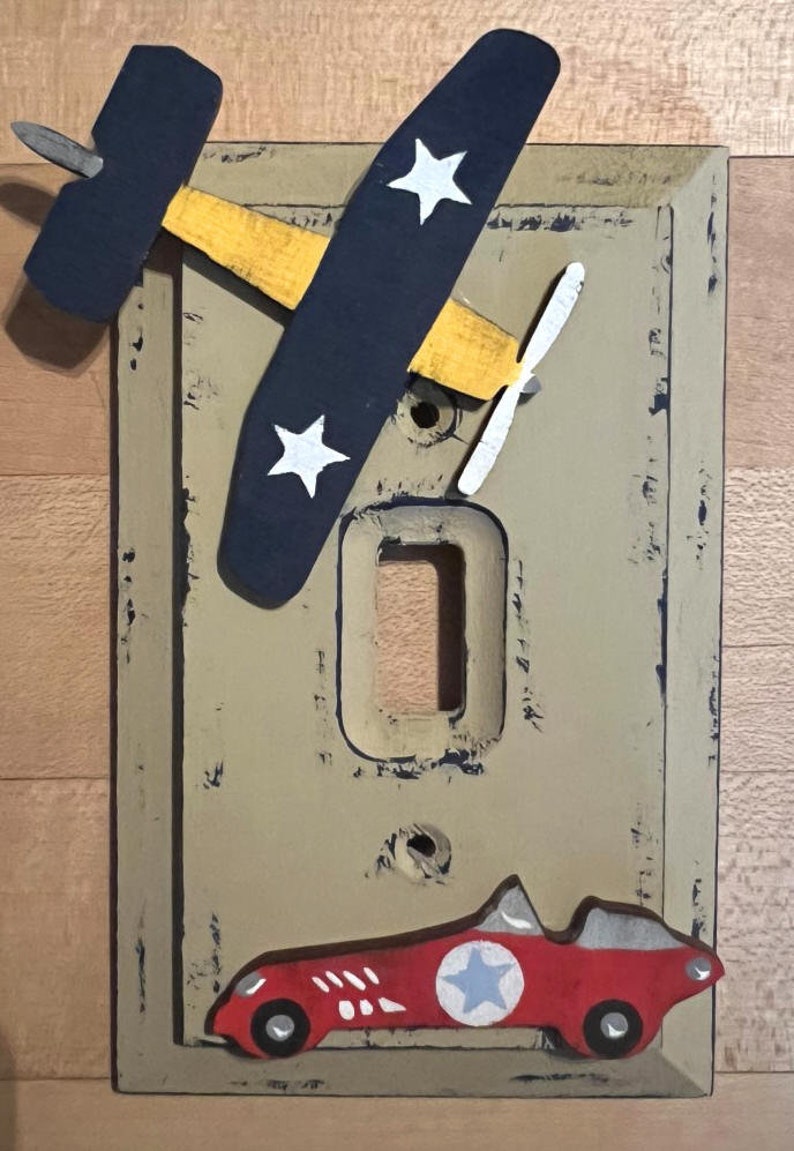 RACE CAR & AIRPLANE Kids Switch Plate Cover Original Hand Painted Wood Any Size Option image 2