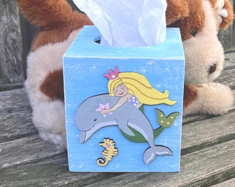 Hand Painted Mermaid & Dolphin Tissue Box Cover - Girl Nursery Decor