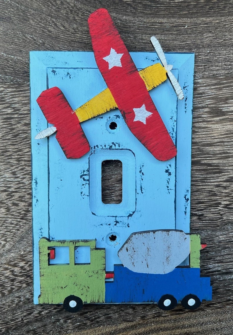 AIRPLANE & TRUCK/TRAIN Kids Switch Plate Cover Original Hand Painted Wood image 1