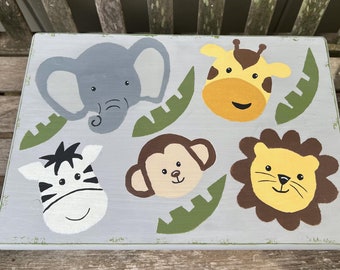 JUNGLE ANIMALS Step Stool/Original Hand Painted Wood