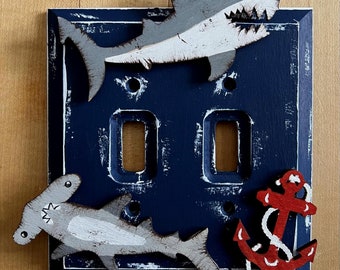 SHARKS Kids Switch Plate Cover/Original Hand Painted Wood/Any Size/Style/Kids Bathroom/Kids Bedroom/Nautical Decor