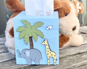 JUNGLE Kids Tissue Box Cover/Hand Painted Wood/Kids Bathroom/Kids Bedroom/Kids Nursery/Elephant/Giraffe