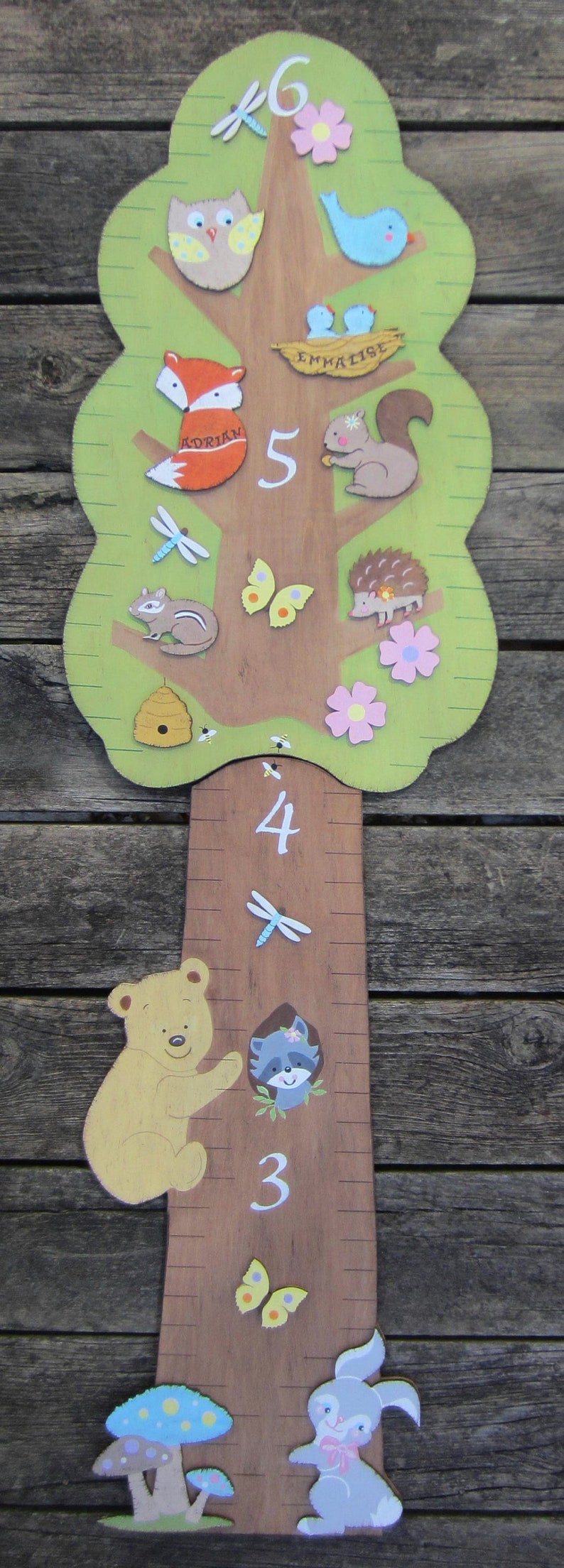 WOODLAND TREE ANIMALS Wood Growth Chart Custom Design Original Hand Painted Hand Crafted Keepsake Boy/Girl/twins image 2