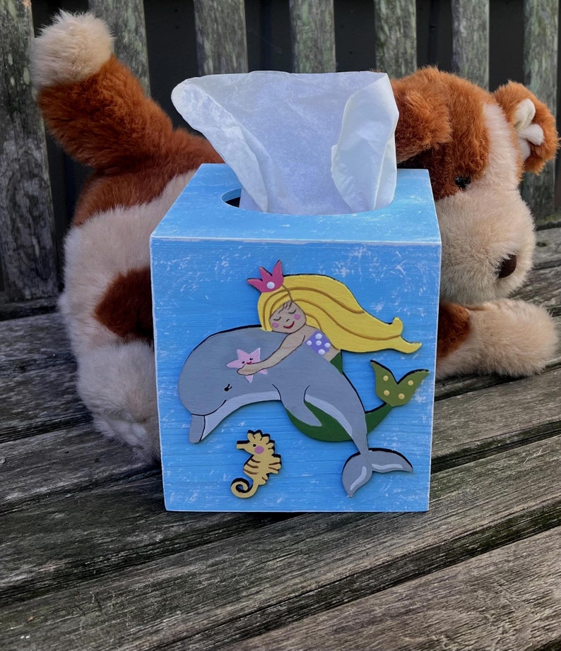 MERMAIDS Tissue Box Cover/Hand Painted Wood/Girl Nursery/Girl Bathroom/Girl Bedroom/Under the Sea/Ocean Sea Fish image 2