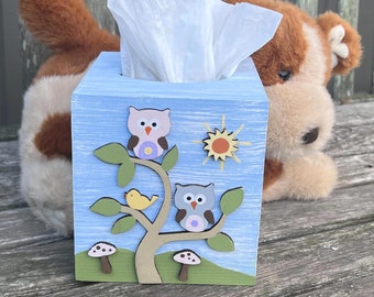 WOODLAND OWLS Tissue Box Cover/Girl Nursery/Bedroom/Bathroom/Hand Painted Wood
