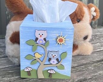 Hand Painted Wood Tissue Box Cover Woodland Owls Girl Nursery Decor