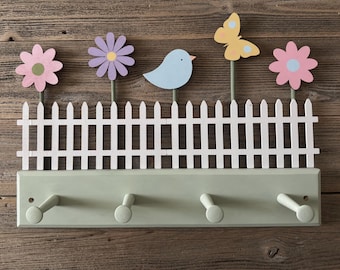 Hand Painted Daisy Garden Butterfly & Bird Wood Peg Rack Girl Nursery Decor