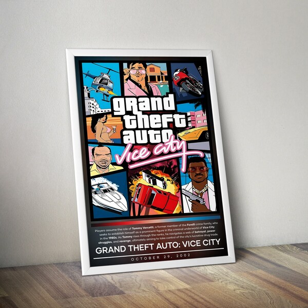 Grand Theft Auto Vice City Poster | GTA Print | Gaming Poster Print | 4 Colors | Video Game Poster | Wall Decor Poster | Large Poster Print