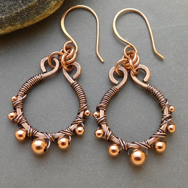 Wire Wrapped and Oxidized Copper Circle Earrings with Copper Beads