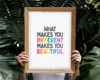 Lo que te hace diferente Cita Imprimir Cartel de arte edificante Arco iris Acuarela Tipografía estética Afirmación de los niños Descarga digital