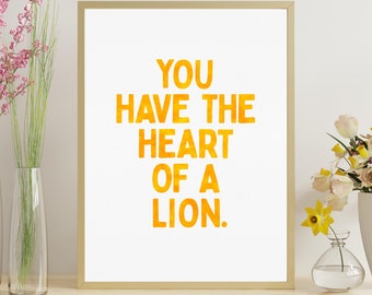 Corazón de un león cita edificante impresión arte acuarela tipografía amarillo niños aula decoración afirmación positiva cartel descarga digital