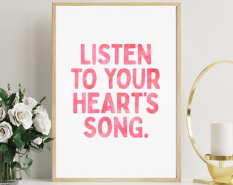 Escuche la canción de su corazón Cita Mindful Art Print Rojo Minimalista Acuarela Tipografía Estética Afirmación Femenina Descarga Digital