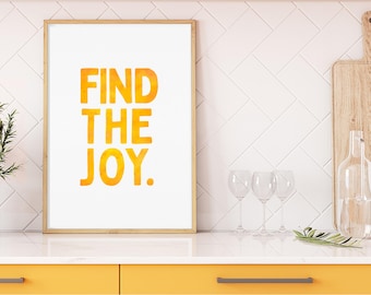 Encuentre la alegría imprimir mindfulness arte amarillo acuarela tipografía cartel edificante niños aula decoración afirmación positiva descarga digital