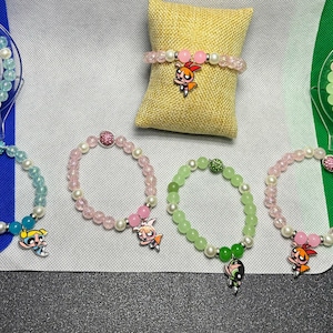 The new and updated Puff Girls Matching Friendship Beaded Bracelets Set, Bubbles, Blossom, Buttercup,  red, green, and blue, Handmade